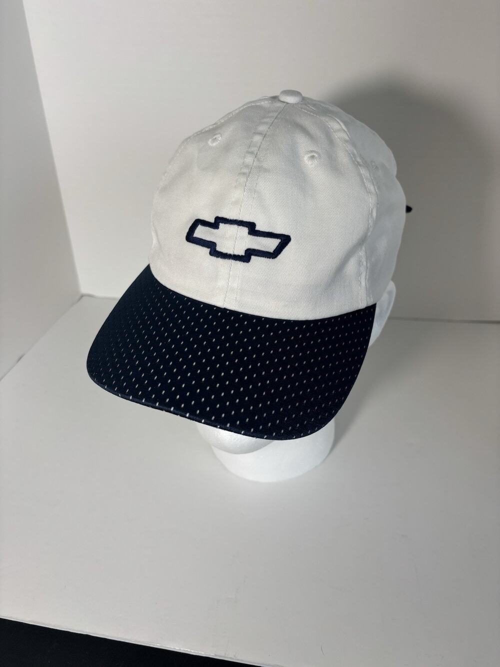 Vintage Women’s Chevrolet Bowtie Hat Cap USA Made White Blue Tie Back OSFA GM